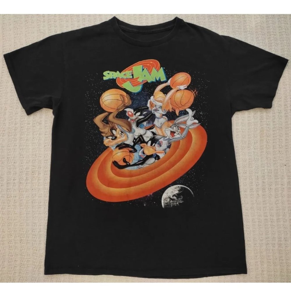 Space Jam Looney Tunes Promo T-Shirt Taz Bugs Lola Faded Black Sz M Vintage 90s